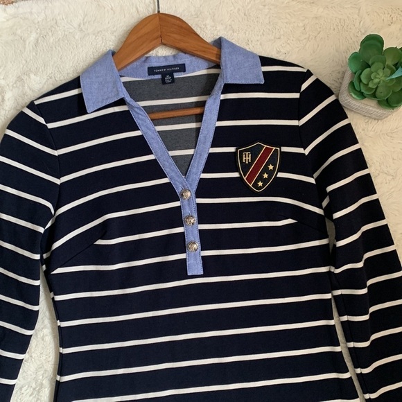 𝅺TOMMY Hilfiger navy/white striped chambray collar crest patch shirt dress - Picture 7 of 11